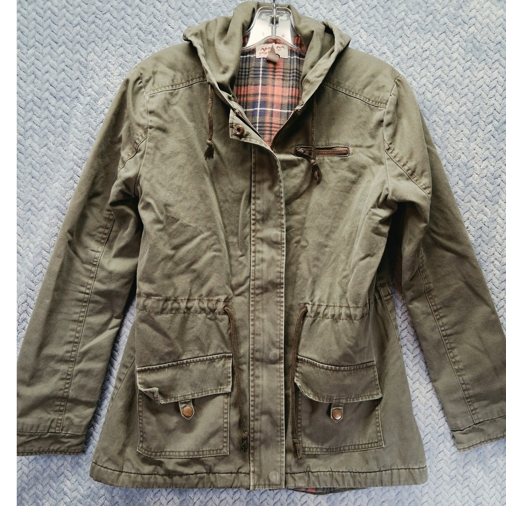 Arizona Jean Co Olive Green Utility Jacket Plaid Lined Hooded Field Coat Medium